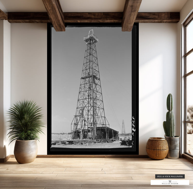 Historic Oil Derrick Mural Wallpaper in a Texas Ranch-Styled Home.