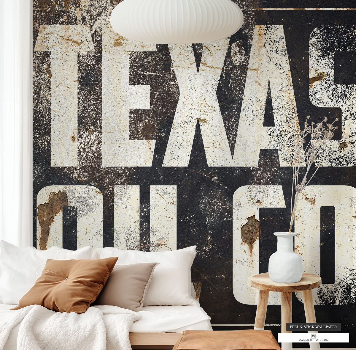 Rustic Texas Oil Co Peel & Stick Wallpaper featuring vintage industrial charm.