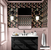 Retro-inspired Peelable Wallpaper with pinup girls and vintage sparrows amid lush floral designs