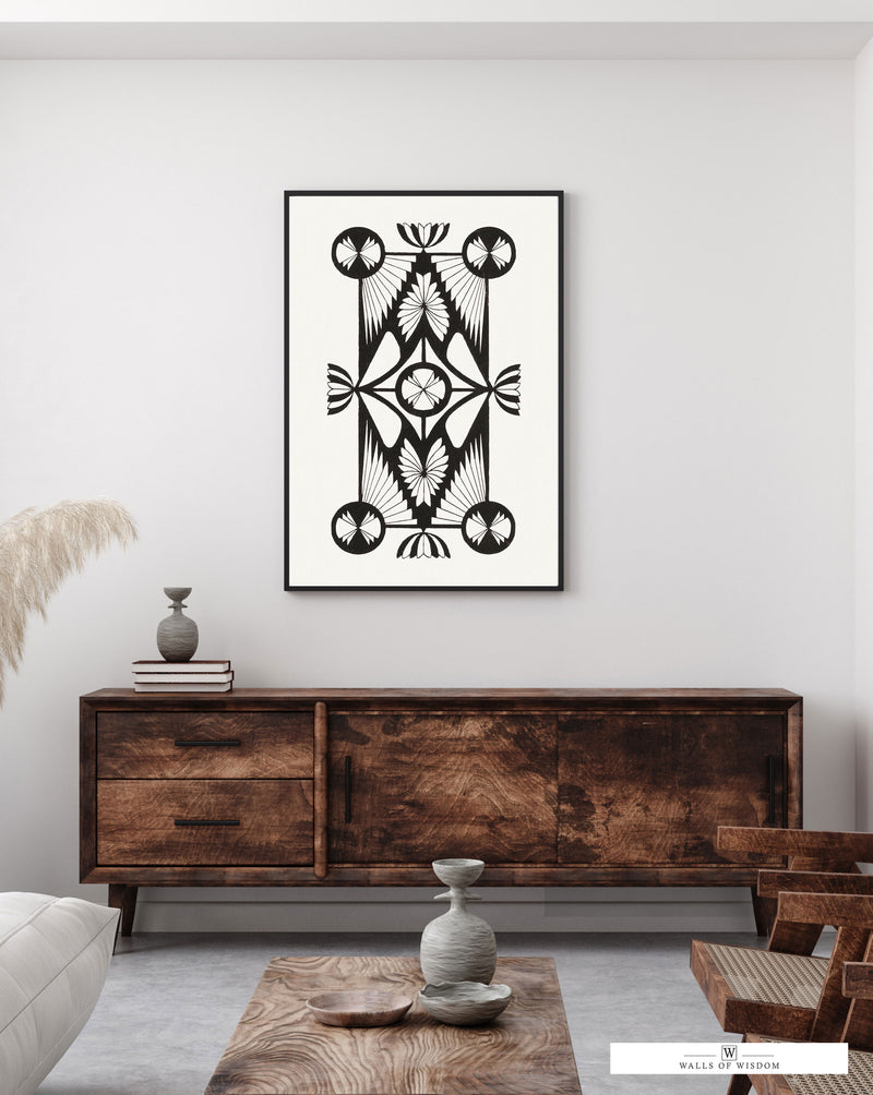Mid-century modern linocut print in black and white for stylish home decor
