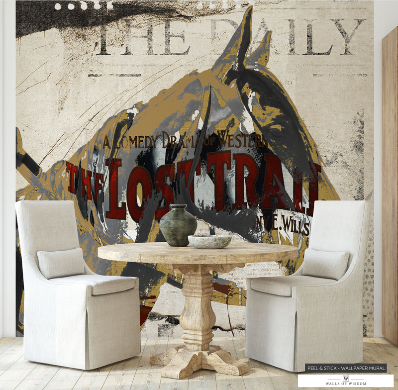 Urban Western Wallpaper featuring Cowboy Riding Horse with Contemporary Design.