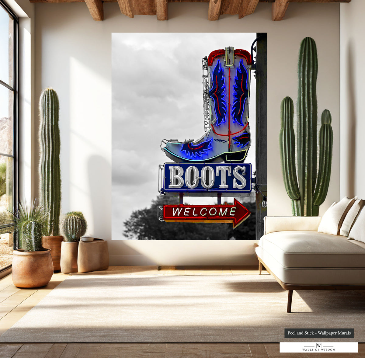 Vibrant cowboy boot neon sign wall art in black and white photo print.