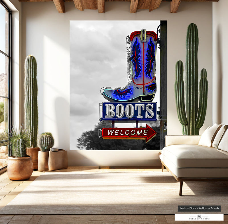 Vibrant cowboy boot neon sign wall art in black and white photo print.