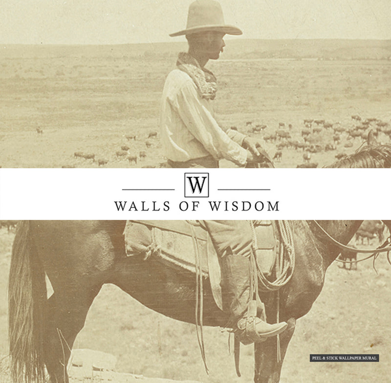 Peel and stick wallpaper featuring a cowboy on horseback in a rustic landscape.