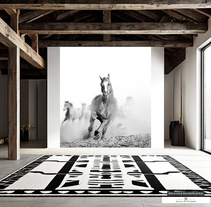 Black and white wild horse wallpaper mural capturing the essence of Western decor.