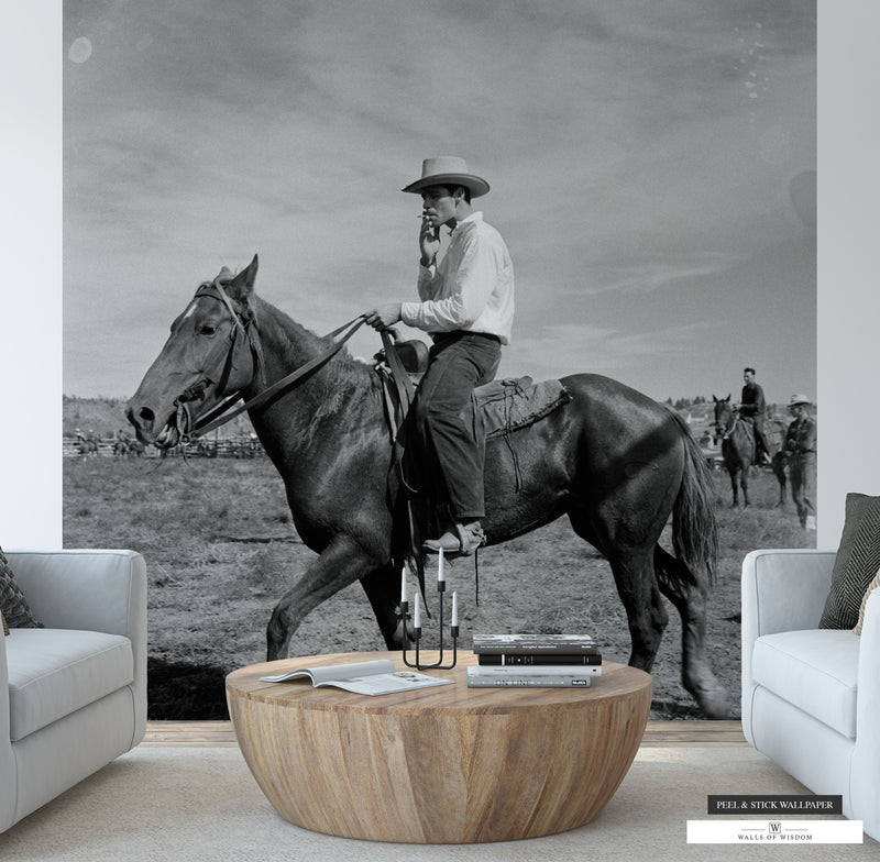 Vintage Smoking Cowboy on Horse Rodeo Wallpaper in Rustic Western Home.