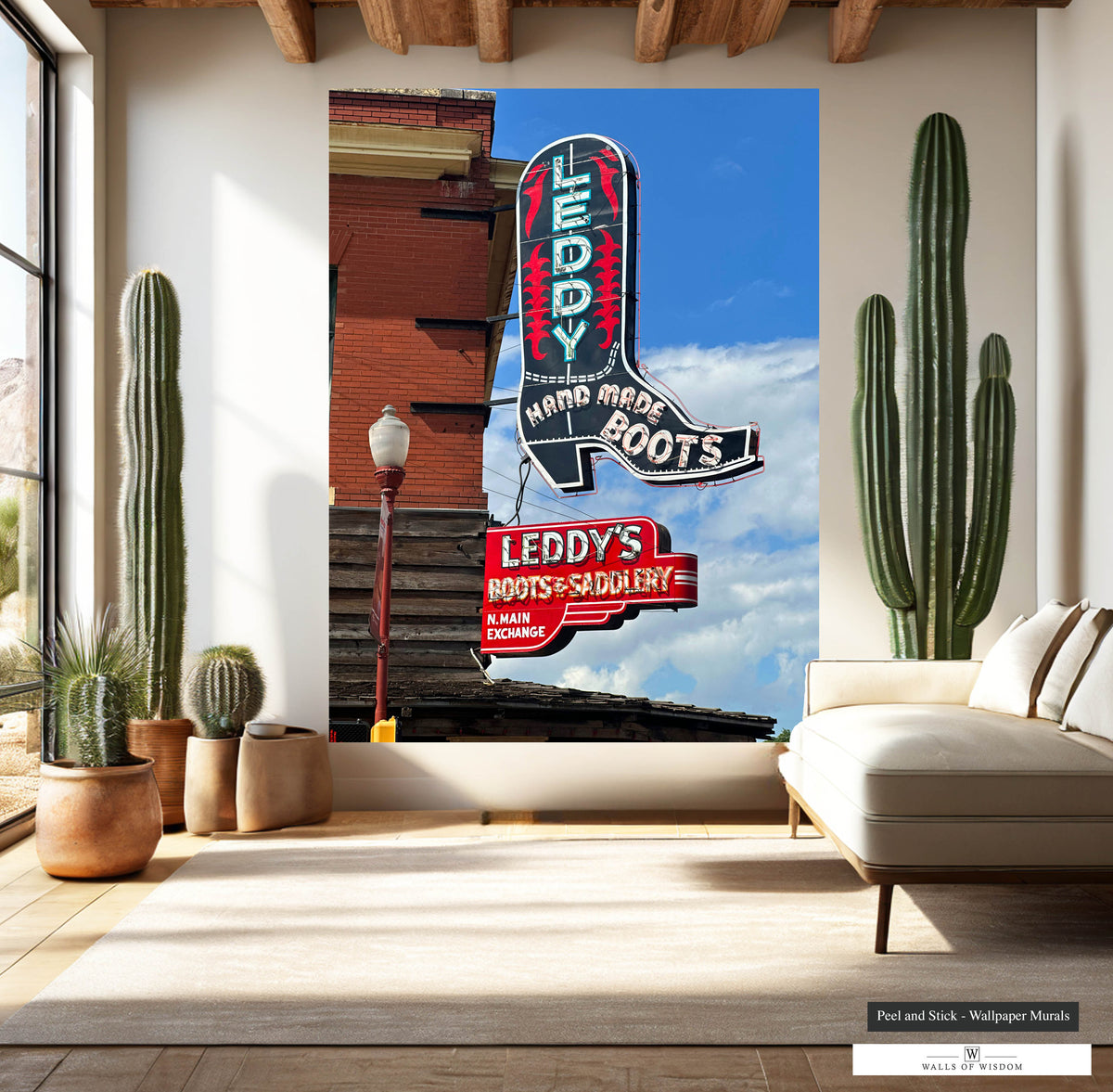 Peel and stick mural of Ft. Worth Stockyard neon sign, perfect for home bar decor.