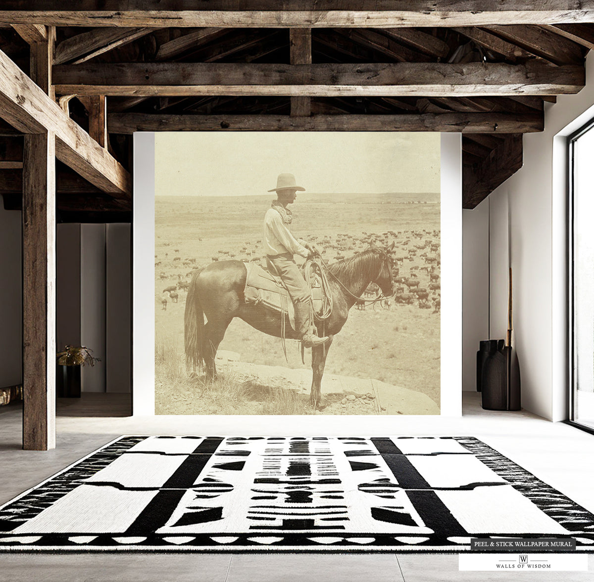 Rustic cowboy rancher wallpaper mural, perfect for Western-themed interiors.