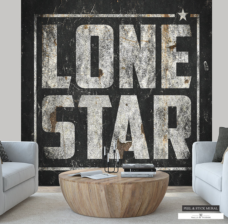 Vintage 'Lone Star Texas' Peel & Stick Wallpaper Mural in Classic Black & White.