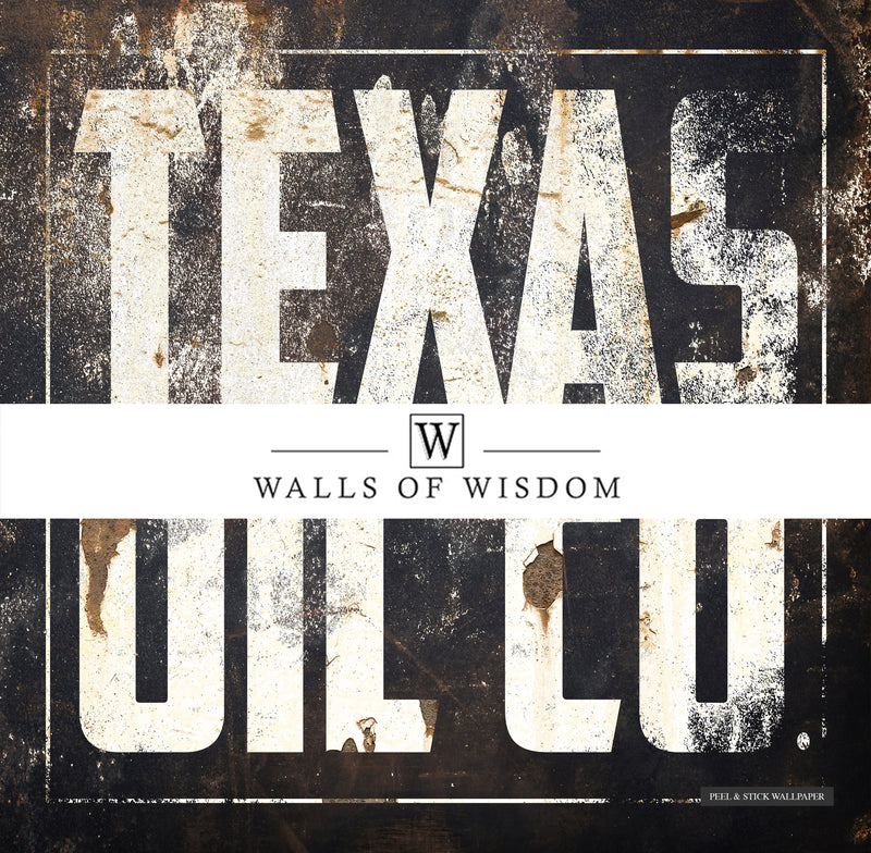 Iconic Texas Oil Co Sign Wallpaper Mural in Distressed Style for Workspace.