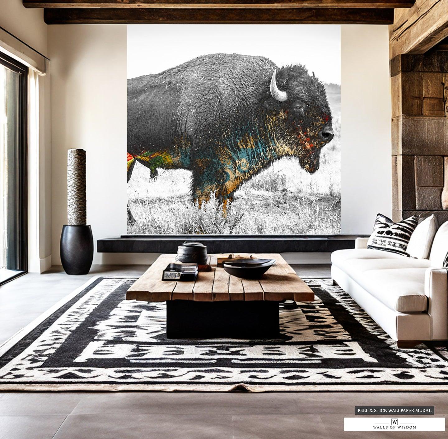 Native American Buffalo Mural WesternInspired Wall Art with Earth T Walls of Wisdom