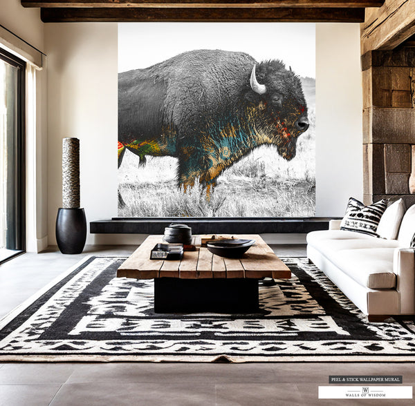 American Buffalo Wall Mural with Native American details in earth tones.