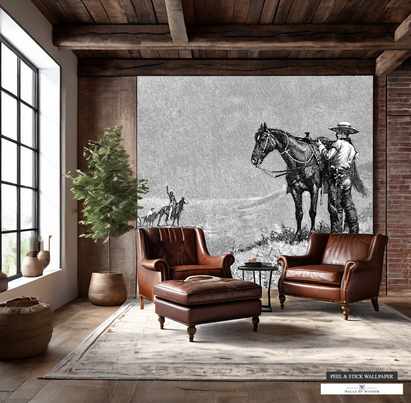 1886 Cowboy and Indians Engraving Wallpaper Mural in black and white monochrome.