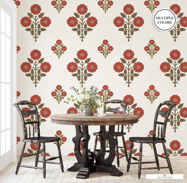Deep Red and Earthy Brown Wallpaper showcasing a retro western meets modern floral design for a bold interior"