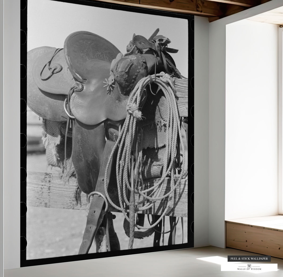 Black and White Peel & Stick Ranch Style Saddle Photo Mural for Dramatic Entryways.