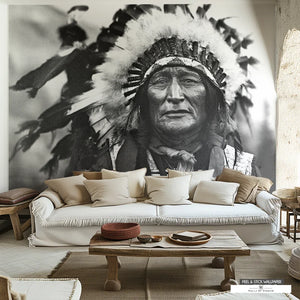 Vintage Black and White Chief Iron Shell in Headdress Wall Mural.