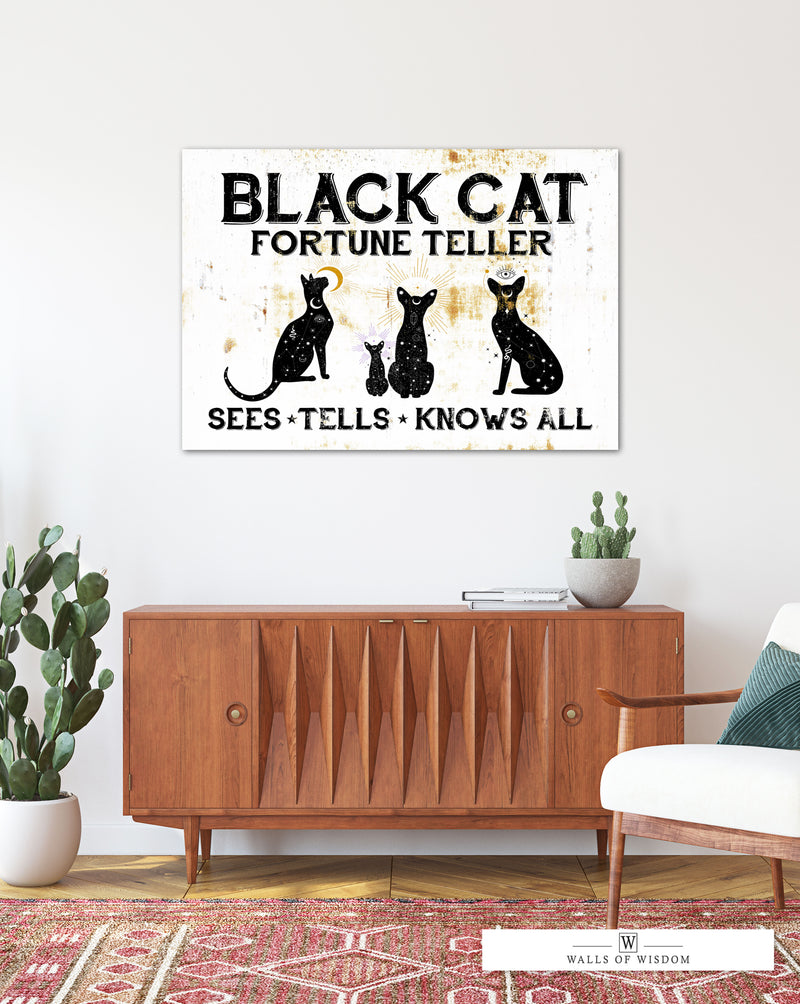 Whimsical Fortune Teller Cat Halloween Wall Decor - Vintage Canvas Sign