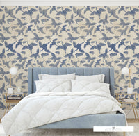 Elegant Japanese-Inspired Crane Pattern on Neutral Peel & Stick Wallpaper