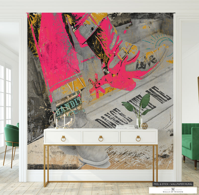 Modern Cowgirl Photo Art Mural with bright pink, teal, and mustard accents.