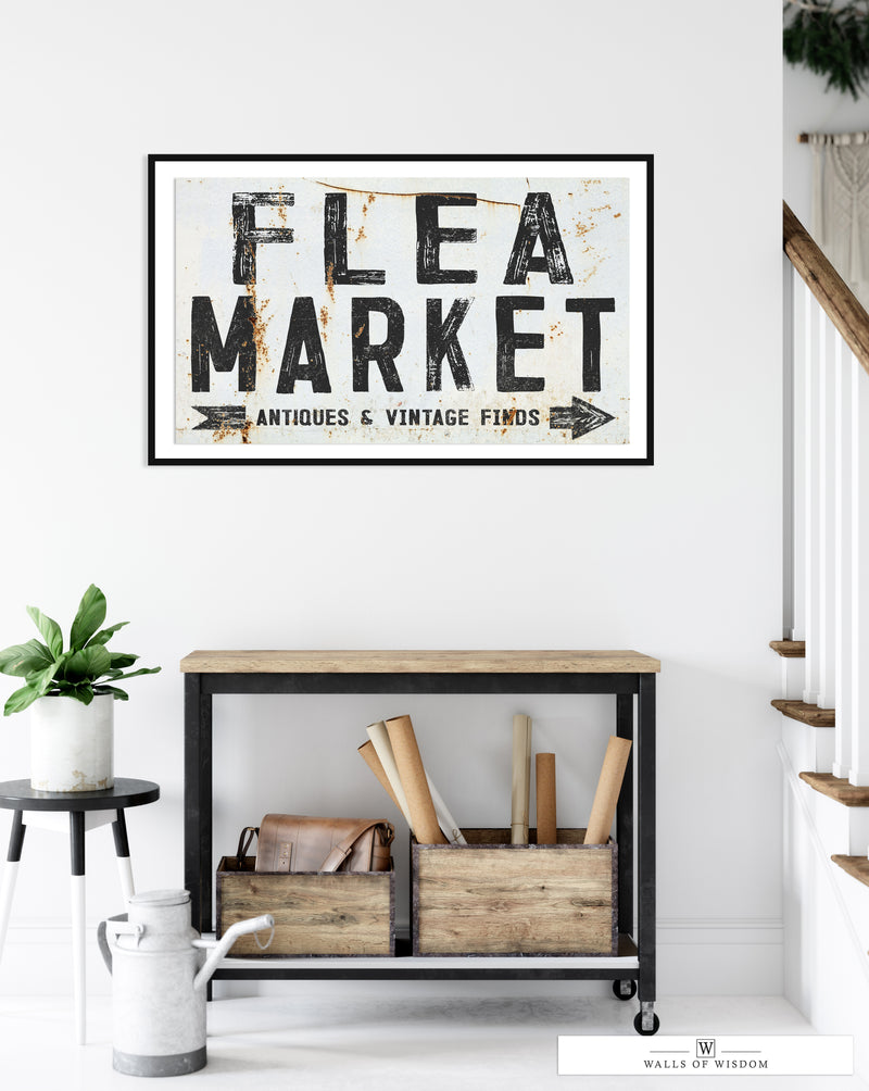 Old Antique Flea Market Poster Sign - Antiques and Vintage Finds Rustic Wall Art Print