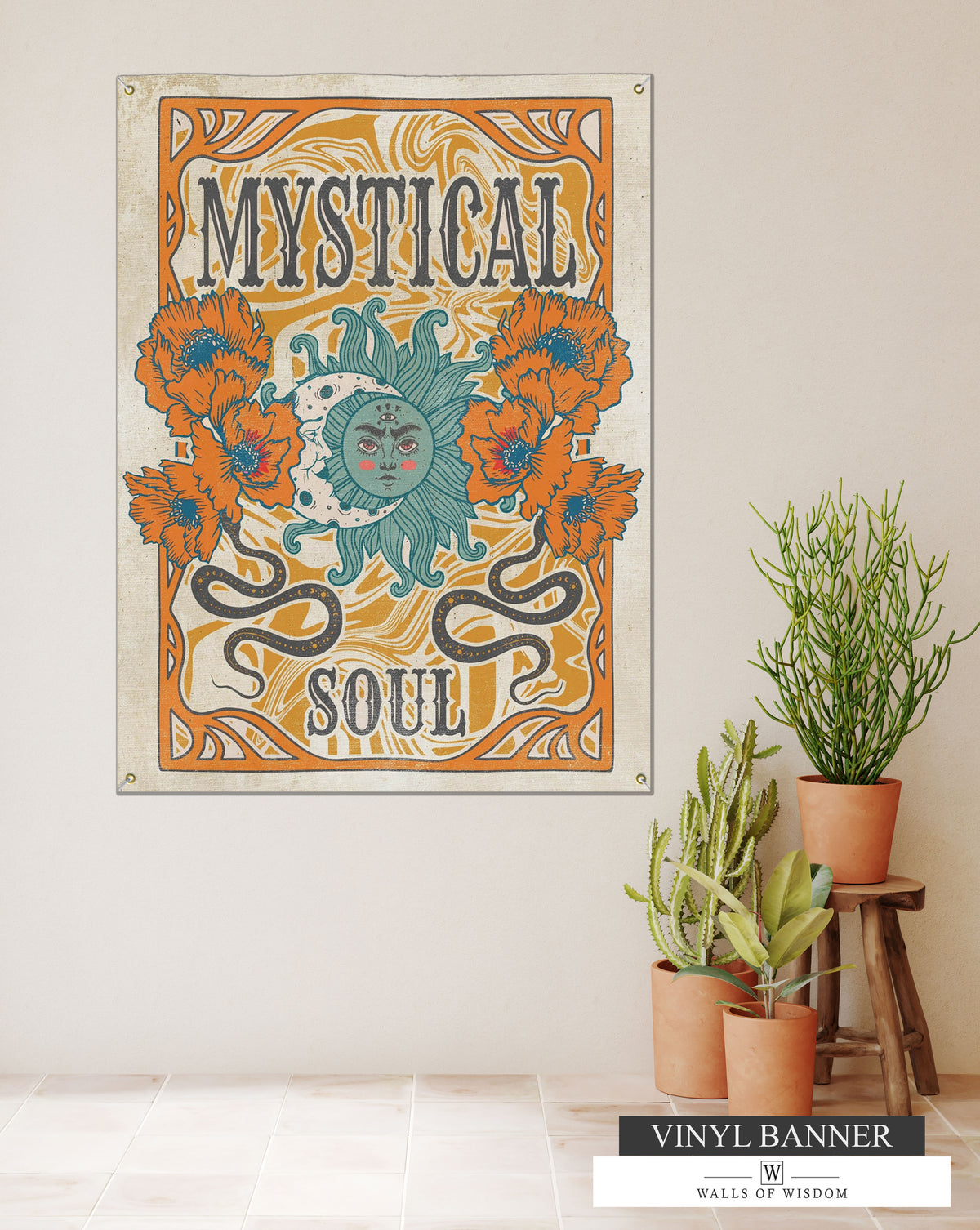 Mystical Soul Boho Backyard Vinyl Sign -  Hippie Decor for Porch & Patio Sun & Moon Garden Art