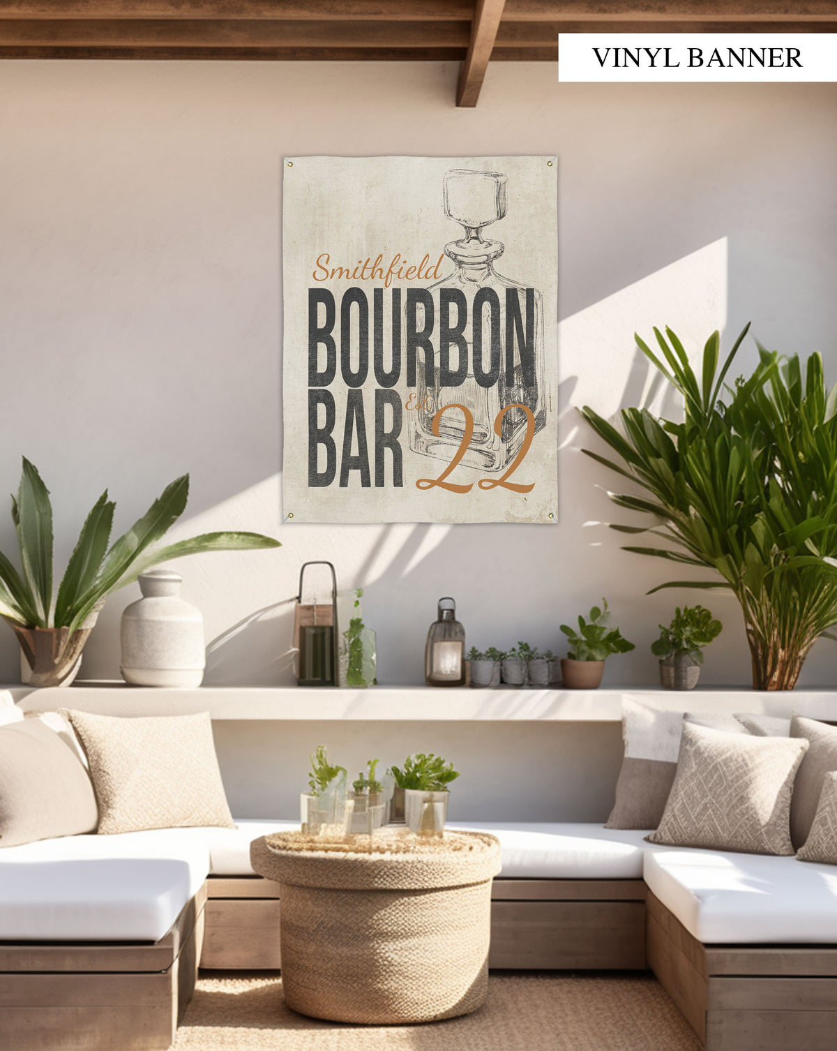 Distinctive Bourbon Bar vinyl banner, with a vintage linen background and decanter graphic, ideal for creating an inviting atmosphere.