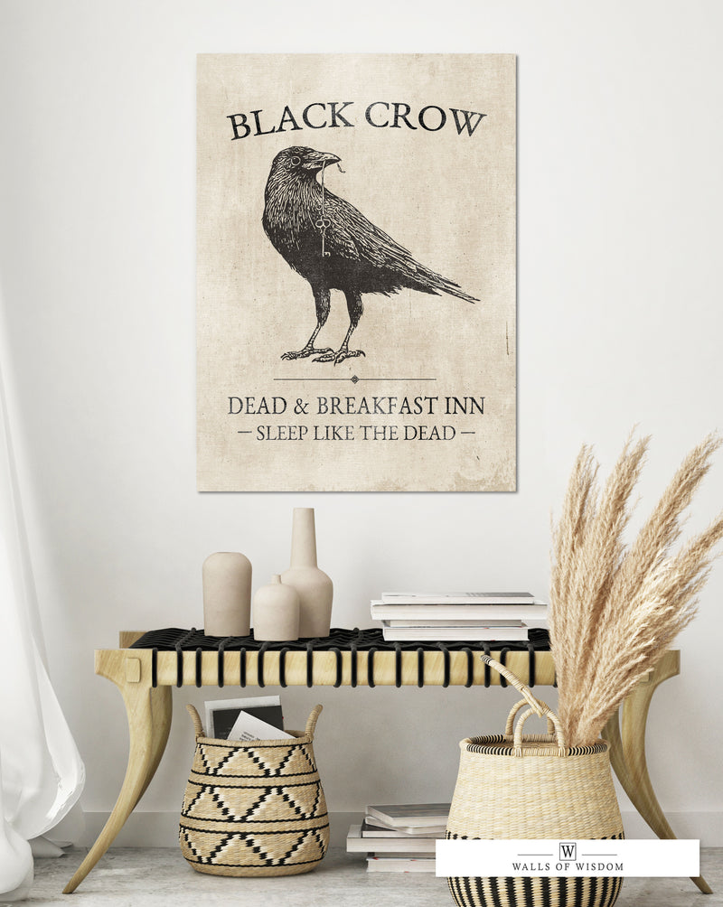 Spooky Halloween Decor - Vintage Canvas Sign with Black Crow Inn Design