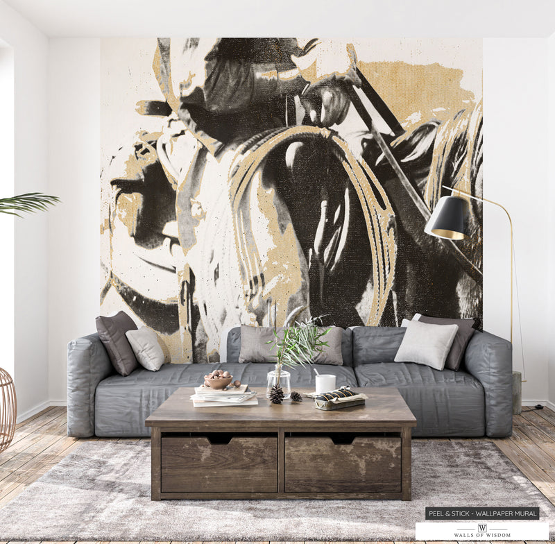 Black & White Wild West Essence Wallpaper Mural in a modern living room setting.