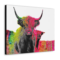 Boho Highland Cow Bright Pink Maximalist Wall Art - Bold and Colorful Cow Art
