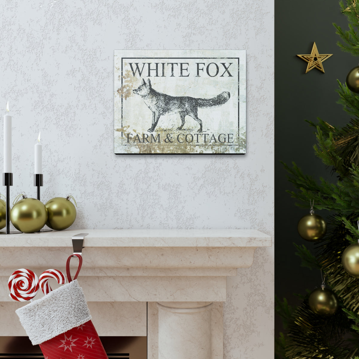 White Fox Farm and Cottage Weathered Canvas Wall Decor -  Rustic Cottagecore Living Room Art