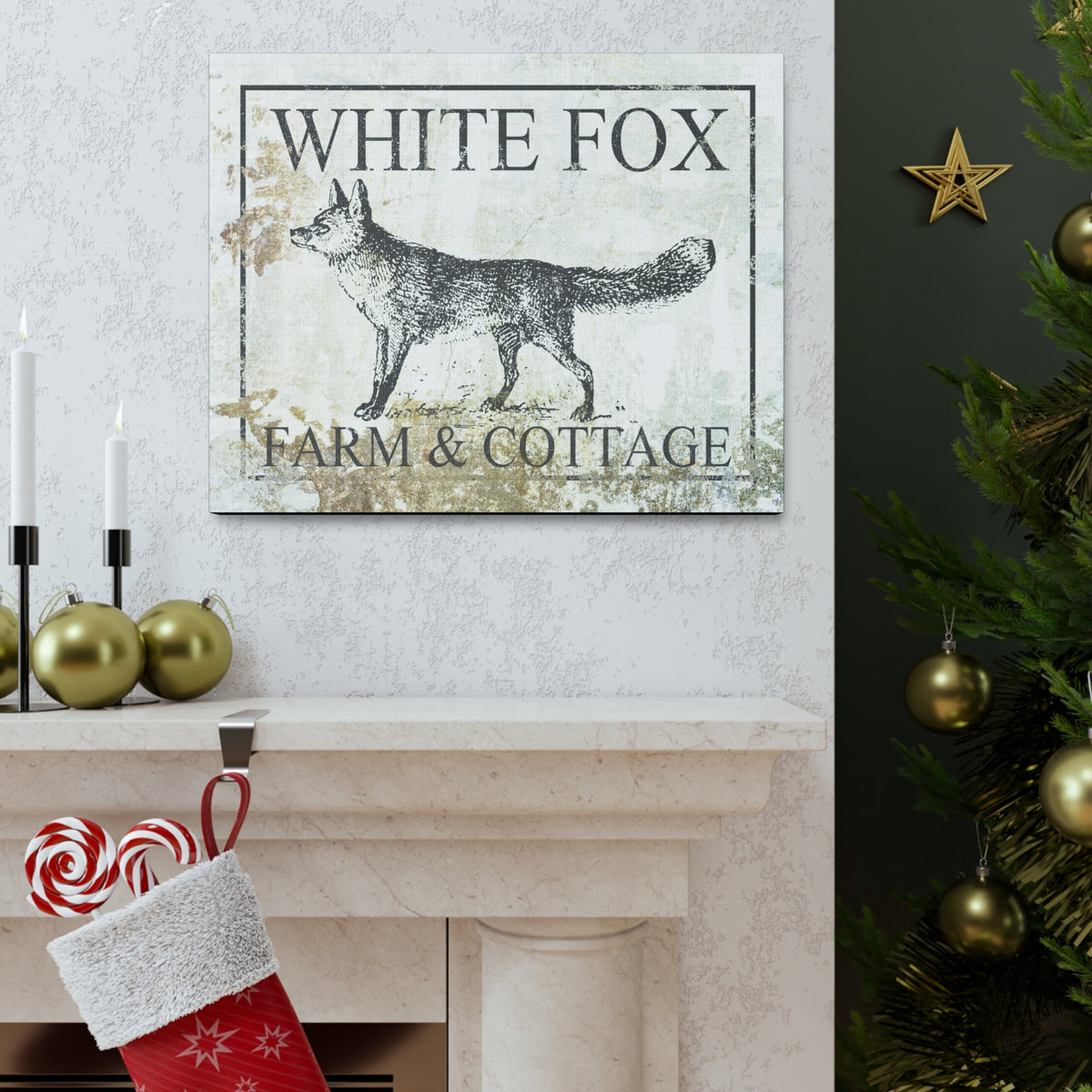 White Fox Farm and Cottage Weathered Canvas Wall Decor -  Rustic Cottagecore Living Room Art