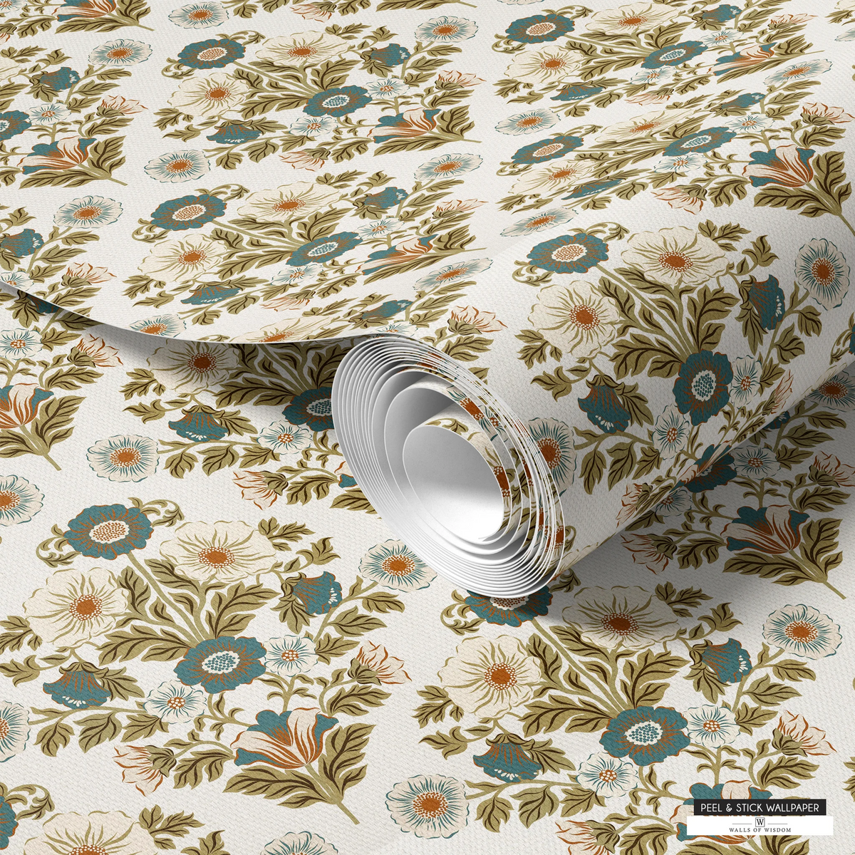 Countryside Blossom peel and stick wallpaper with slate blue, sage green, and burnt orange florals.