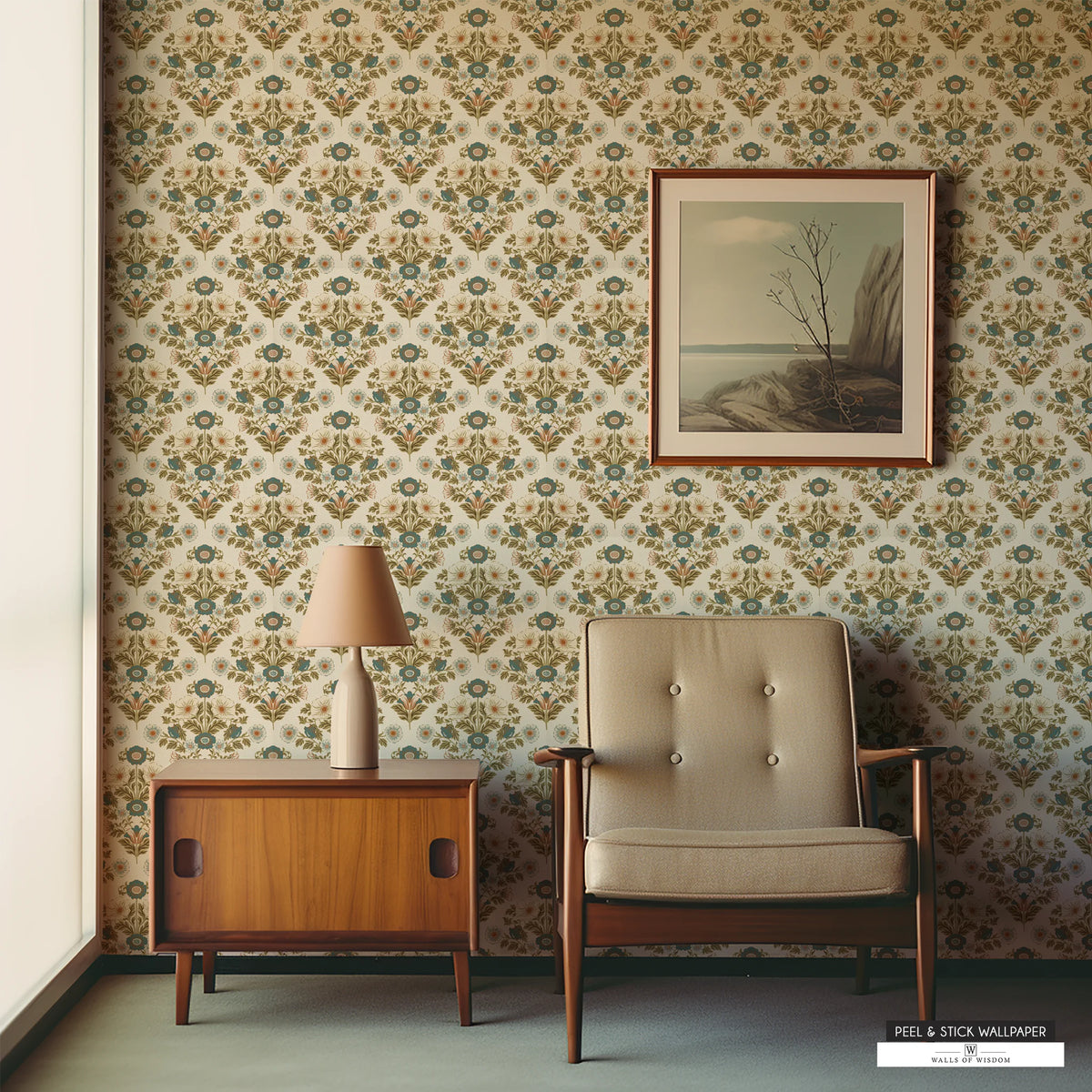 Retro maximalist cottage wallpaper with bold floral patterns on a dark cream background.