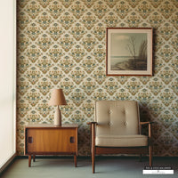 Retro maximalist cottage wallpaper with bold floral patterns on a dark cream background.