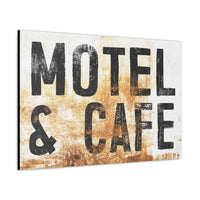 Old West-inspired cafe and motel sign canvas, perfect for farmhouse kitchens and rustic home bars.