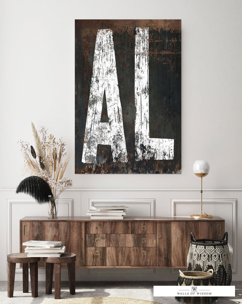 Alabama farmhouse-inspired canvas art with a distressed vintage finish for a rustic home aesthetic.