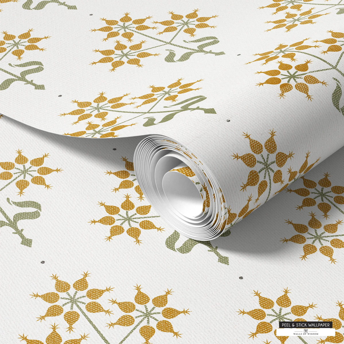 Country living wallpaper with a mustard and sage floral block design, perfect for kitchens or dining rooms.