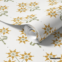 Country living wallpaper with a mustard and sage floral block design, perfect for kitchens or dining rooms.