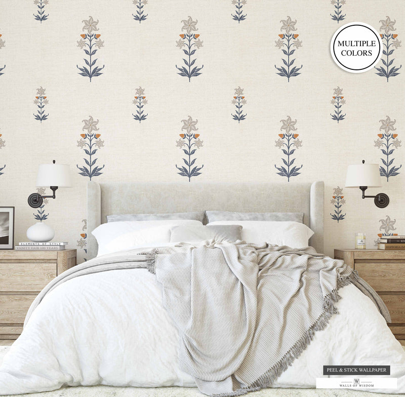Amish Flower Wallpaper with blue-grey and rust floral pattern on creamy faux grasscloth background