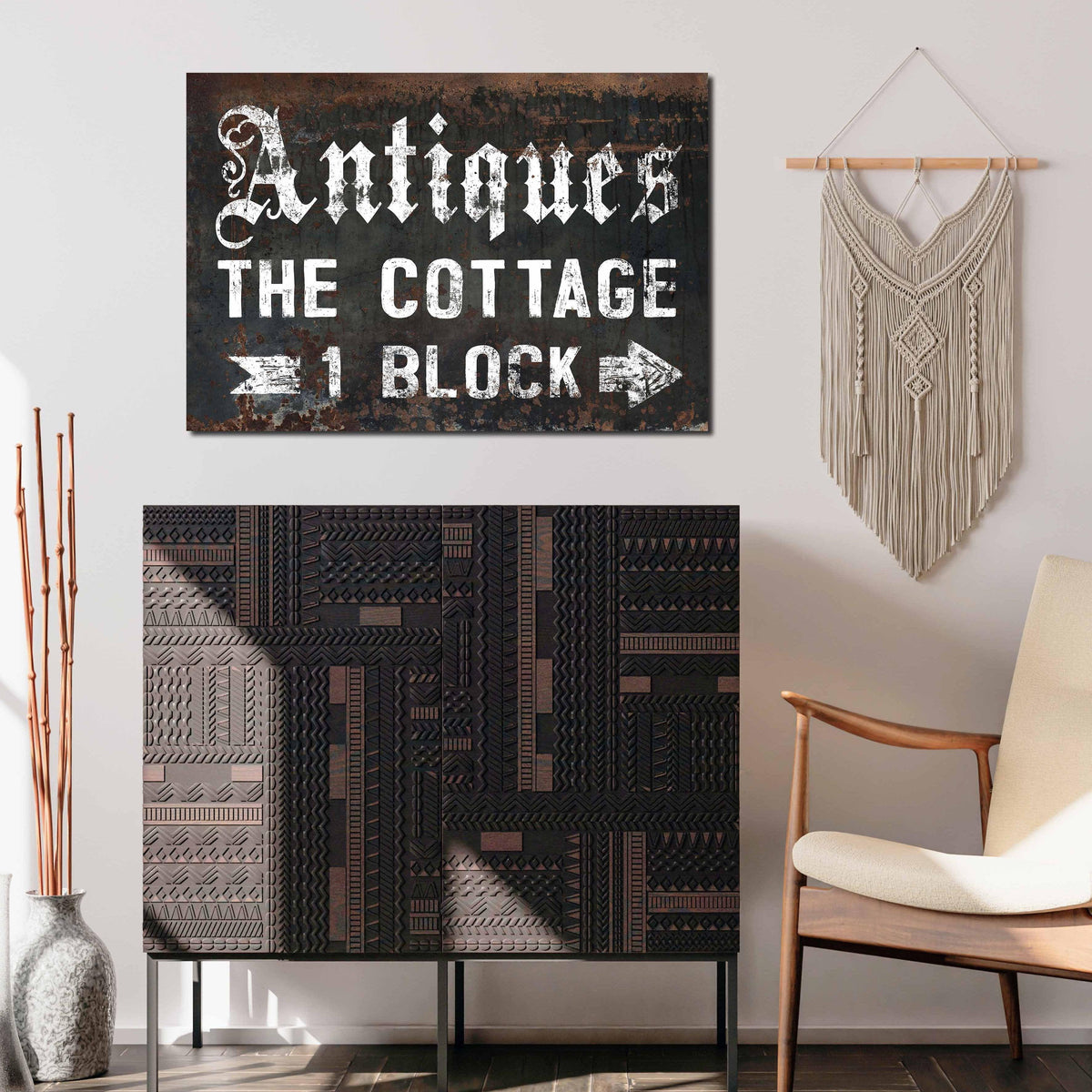 Distressed Black Antiques the Cottage Canvas Sign - Vintage Charm