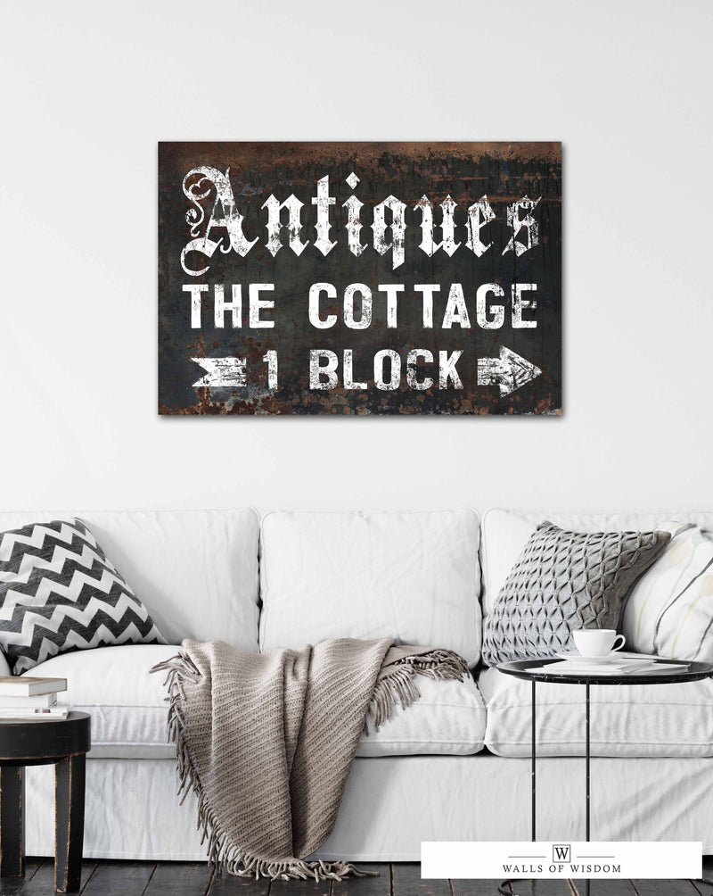 Black Distressed Antiques The Cottage Canvas Sign - Vintage Farmhouse Canvas Wall Art