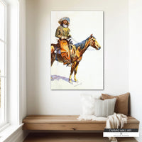 Arizona cowboy riding through the desert in a Frederic Remington Western painting.
