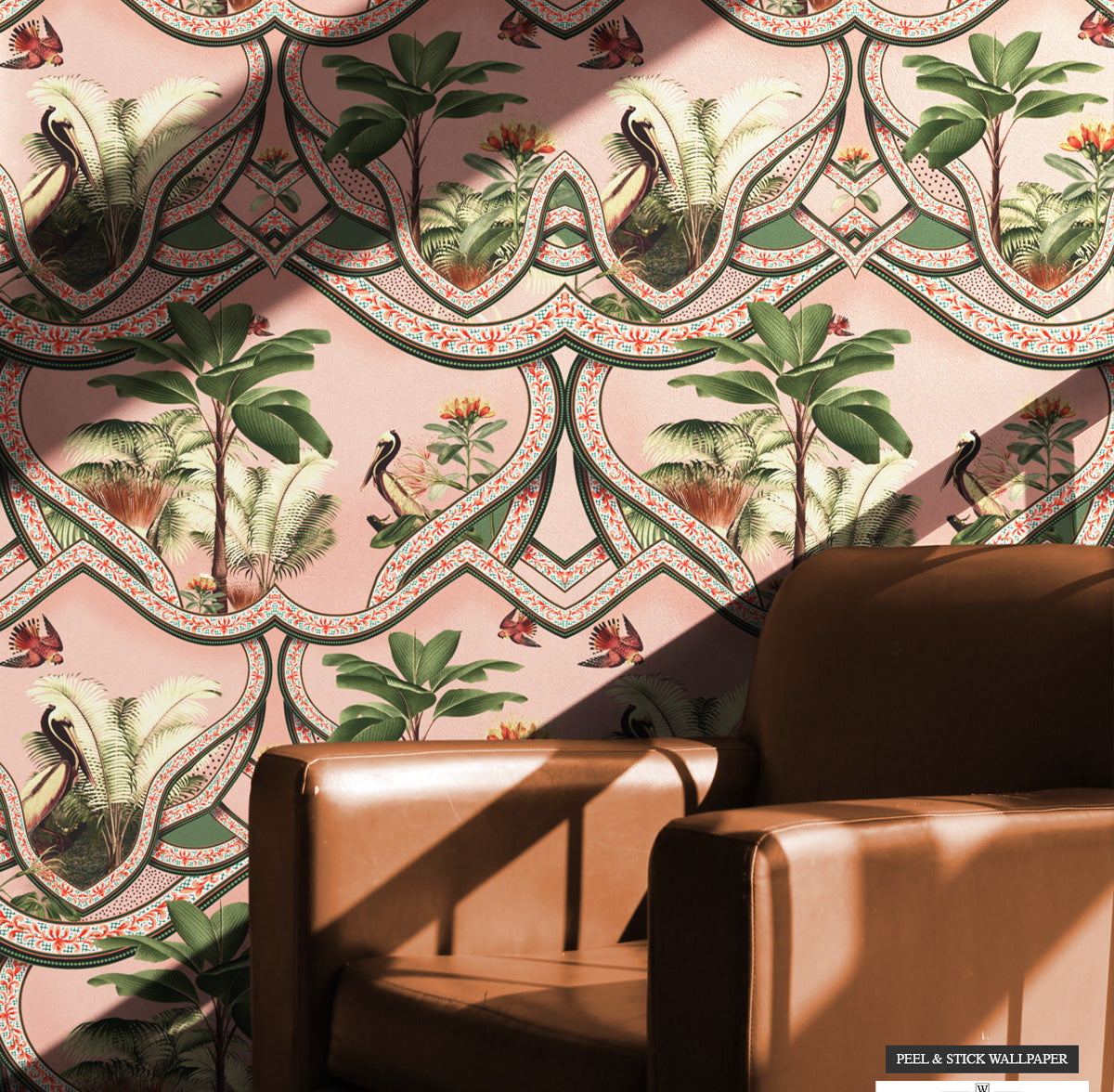 Pink version of Havana Night Wallpaper in a powder room, showcasing maximalist tropical elegance.