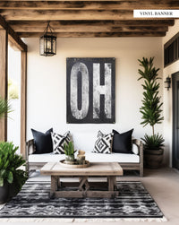 Stylish 'OH' vinyl banner, blending minimalist design with practicality. With its weathered look and durable material, it's an ideal way to showcase Ohio's resilience and beauty in gardens, patios, or any living space.