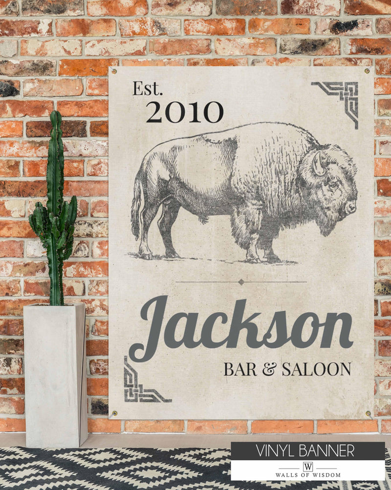 Boho Buffalo Bar & Grill Backyard Vinyl Banner - Personalized Rustic Decor