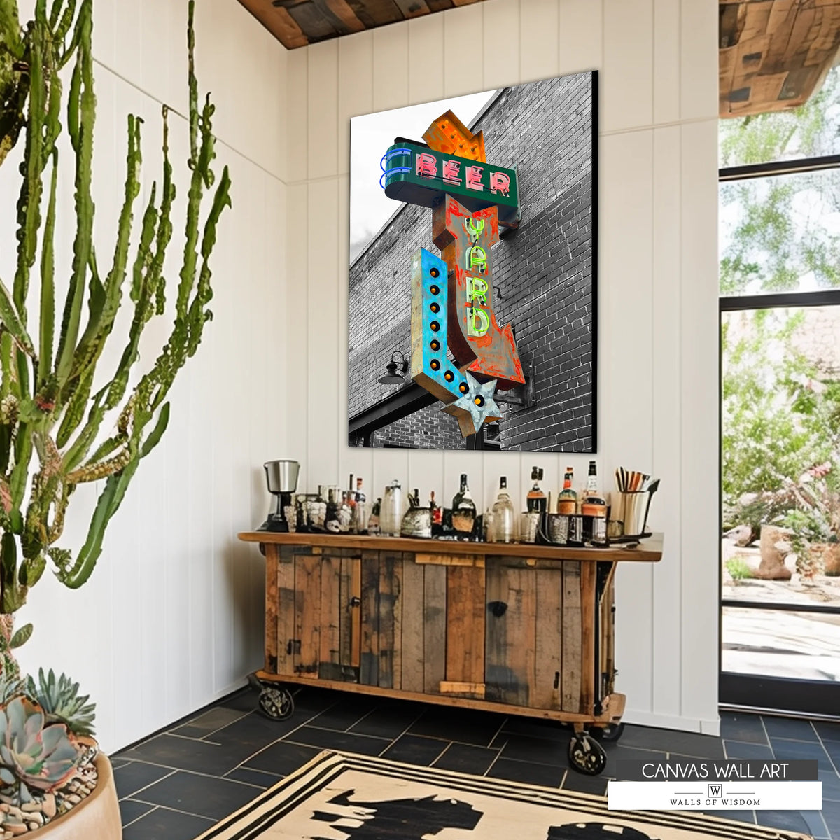 Beer Yard Neon Sign Canvas – Western Bar Art with Retro Saloon Vibes