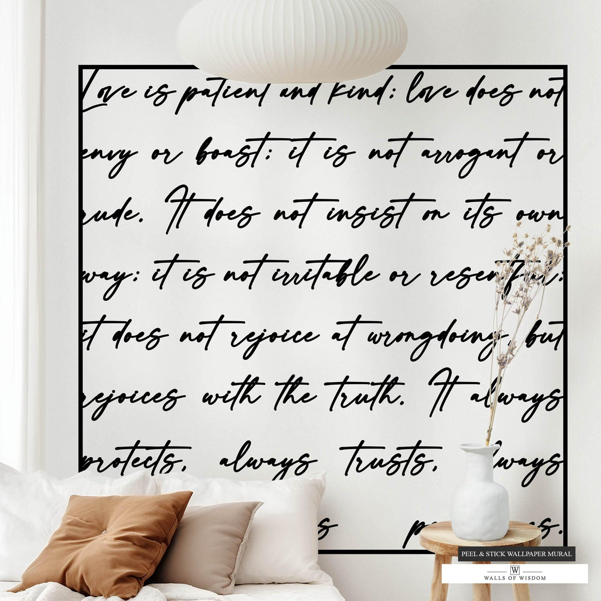 Minimalistic black and white Bible verse wallpaper for boho farmhouse style.