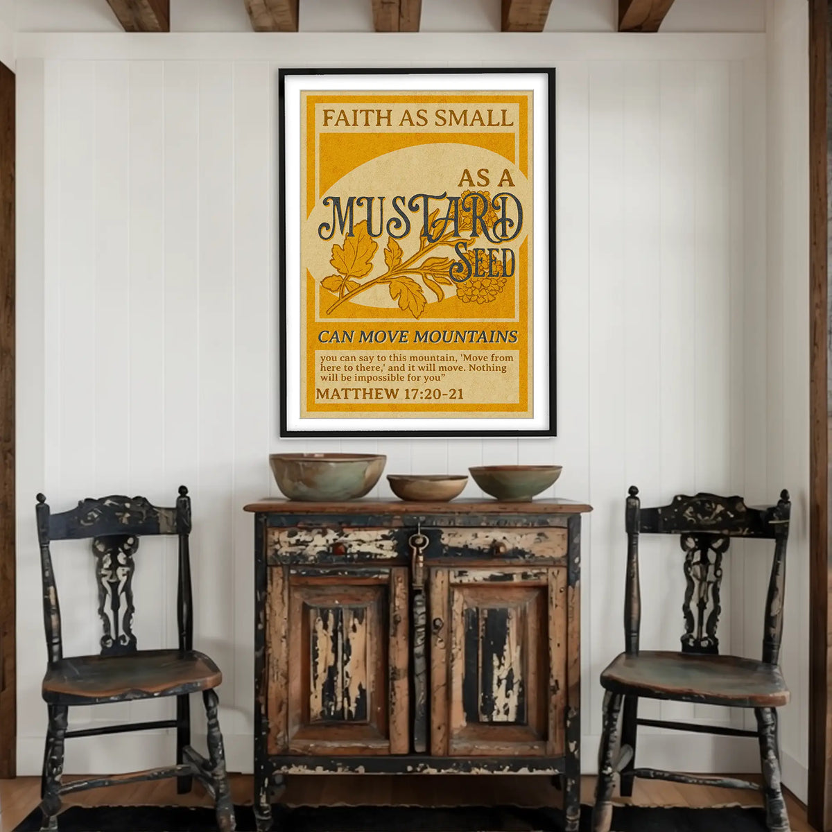 Mustard Seed Faith wall art with classic typography and warm vintage colors