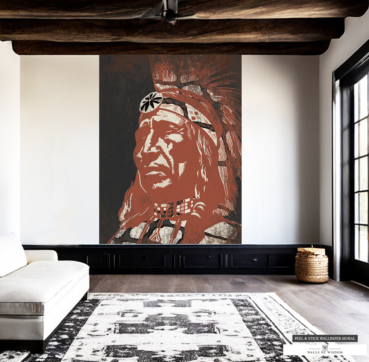 Dynamic Native American Chief mural in contemporary earth tones for statement walls.