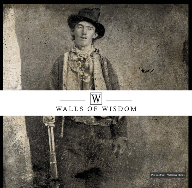 Peel and stick Billy the Kid photo mural perfect for rustic and Western decor.